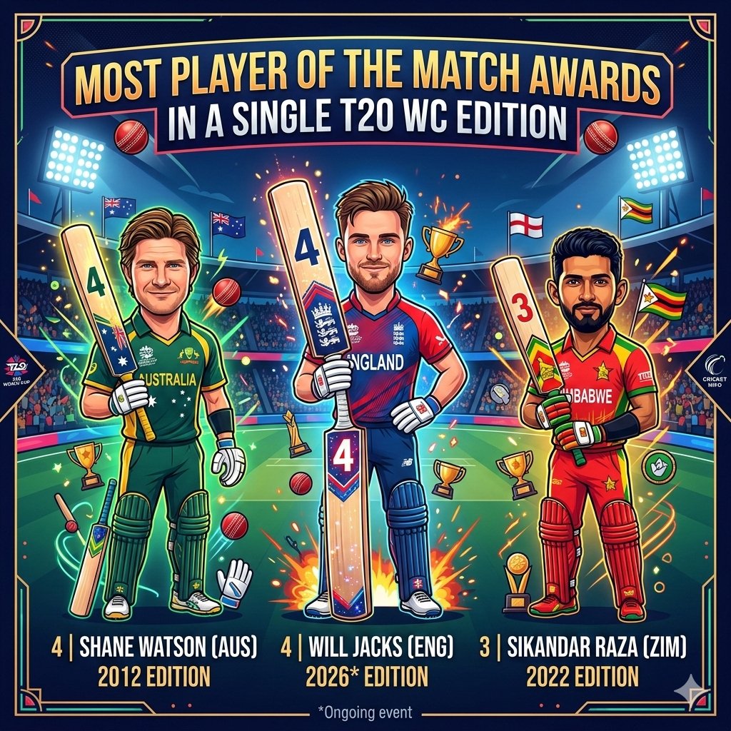 rkjat65's tweet photo. @TukTuk_Academy 4 PoTM for #WillJacks so far in the #T20WC2026
One more and he will be on top
@ECB_cricket #Engv https://t.co/6vna6qOfCR