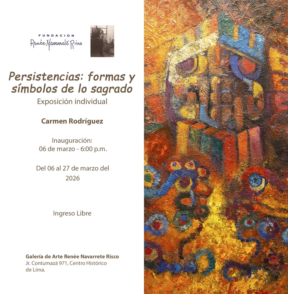 NavarreteRisco's tweet photo. [#Exposición] 📢 ¡El próximo viernes 06 de marzo del 2026 a las 6:00 p.m. inauguramos la muestra individual “Persistencias: formas y símbolos de lo sagrado”!

✨ ¡Te esperamos!

📍 Jr. Contumazá 971, Centro Histórico de Lima.
🎟️ Ingreso libre. https://t.co/9mMX8fS9Jj