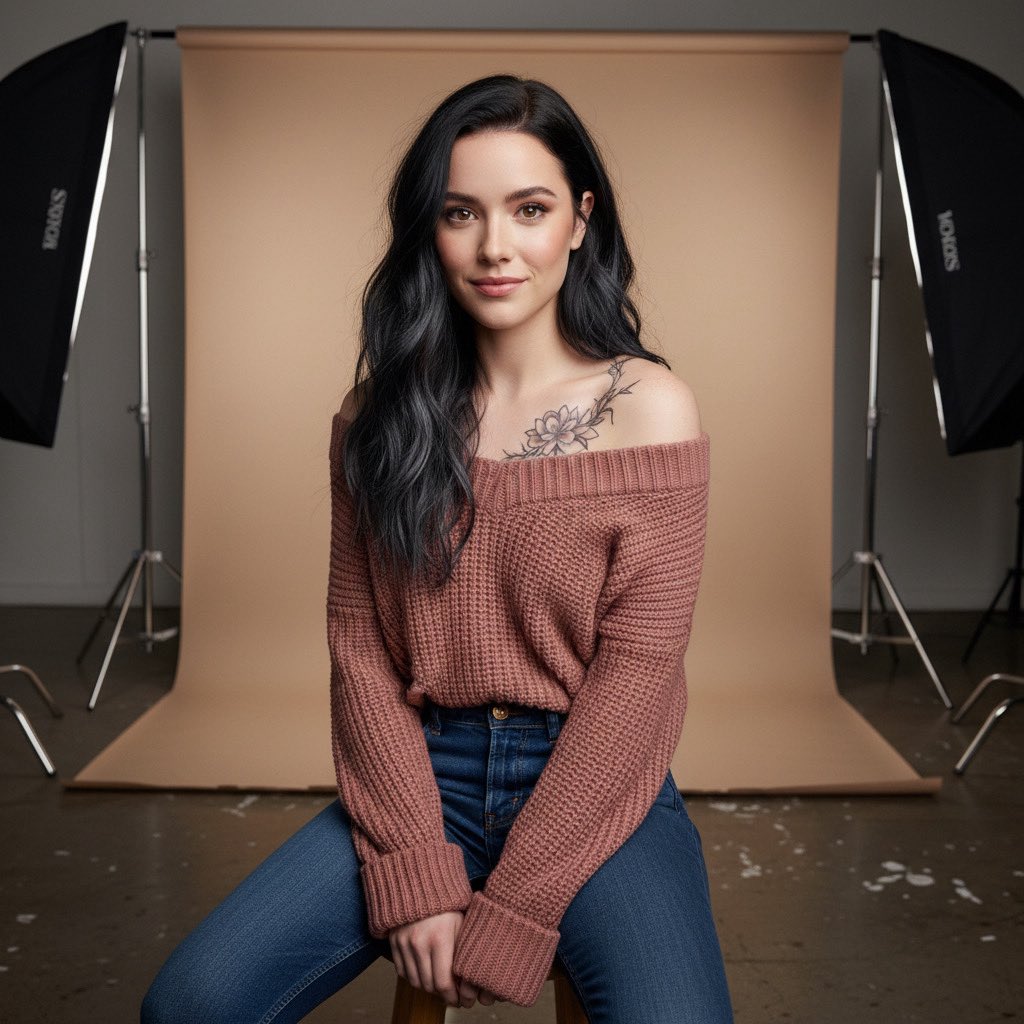 Nano Banana Pro on <a href="/Skywork_ai/">Skywork</a> 

Prompt:
{
  "image_prompt": {
    "subject": {
      "appearance": "A young woman with striking brown eyes, clear complexion, and a gentle, natural smile. She has long, wavy black hair styled. A detailed tattoo of a flower with thorny vines is