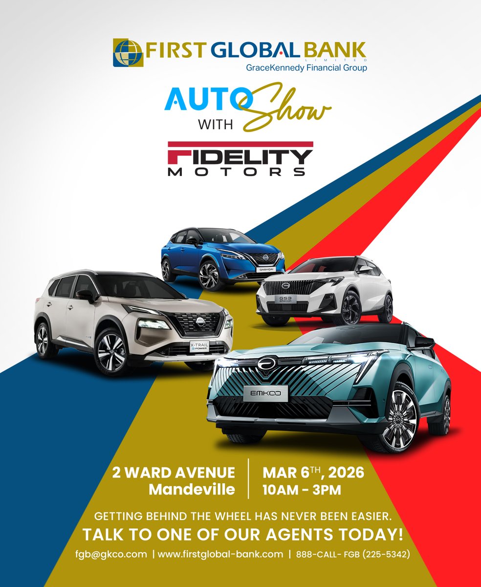 firstglobalbank's tweet image. Mandeville, it’s your turn 🚗

Our Auto Show with Fidelity Motors is happening on March 6 at 2 Ward Avenue, 10AM–3PM.

On-the-spot financing. Stylish SUVs. Easy approvals.

#FGB25 #AutoShow2026 #DriveWithConfidence