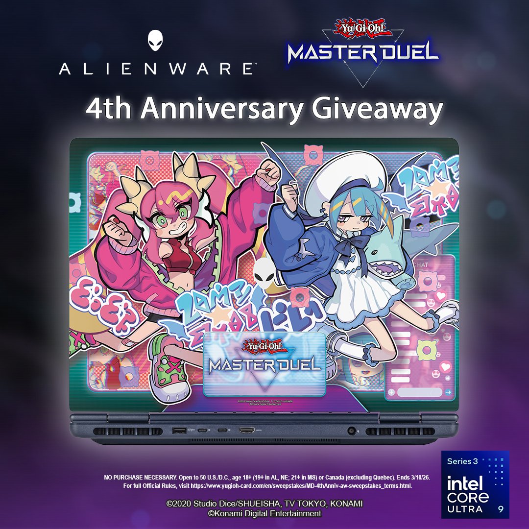 The #YuGiOhMASTERDUEL 4th Anniversary Celebration continues! We partnered up with <a href="/Alienware/">ALIENWARE</a> and <a href="/IntelGaming/">Intel Gaming</a> to give away a custom skinned Aurora 16X Gaming Laptop! To enter, reply below with your favorite Yu-Gi-Oh! Card and include #YGOMD4thAnniversarySweepstakes.

Read Terms &amp;