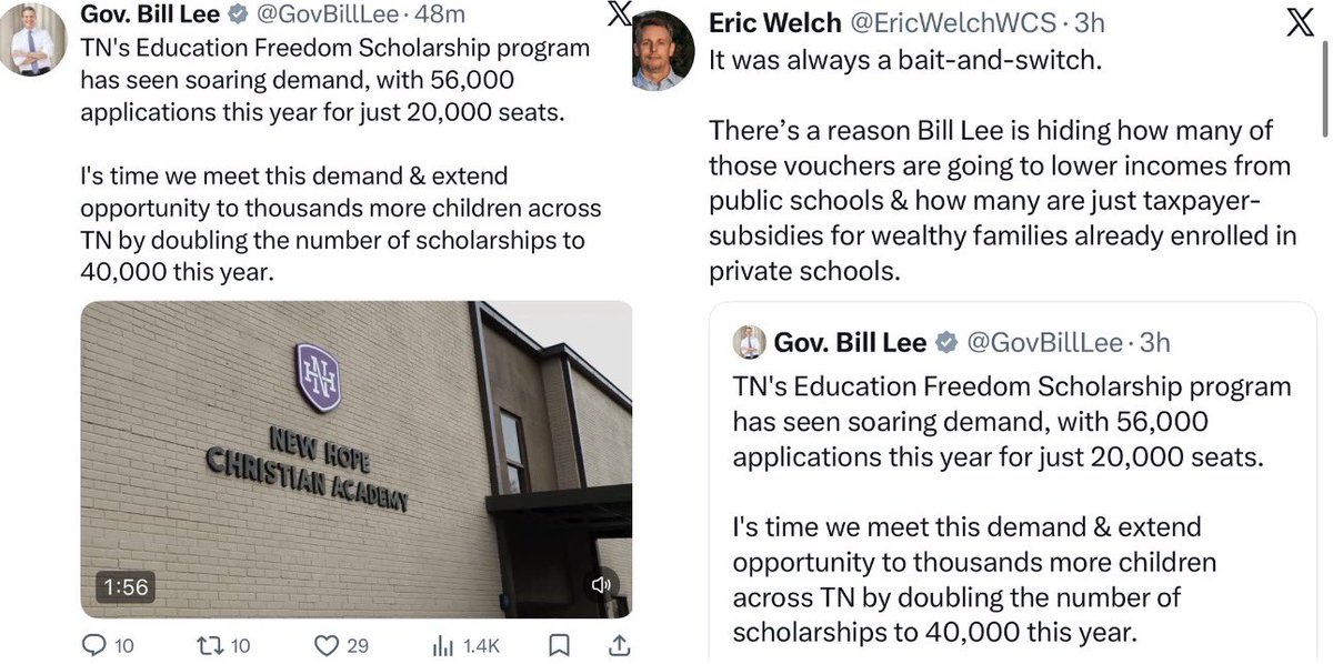 TheTNHoller's tweet photo. “A bait-and-switch” 

Williamson County School board member @EricWelchWCS is right. @GovBillLee claims his vouchers are going to low income families, but the vast majority go to kids already in private schools. 

Of course there’s demand— it’s a free coupon for the wealthy. https://t.co/9aUJhtgGiF