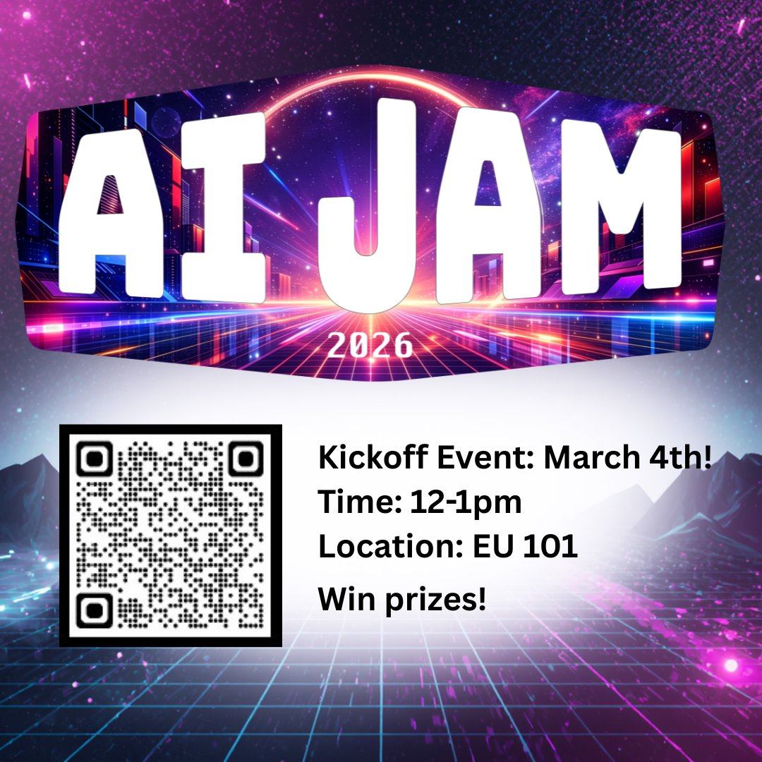CSUNAcadTech's tweet photo. The AI Jam 2026 is a campus-wide innovation competition inviting students from all majors to explore how artificial intelligence and emerging technologies are shaping our lives. Win prizes!. The kickoff is March 4th!! read more: https://t.co/BWWA9hDBRZ https://t.co/QnIoeNrJCj