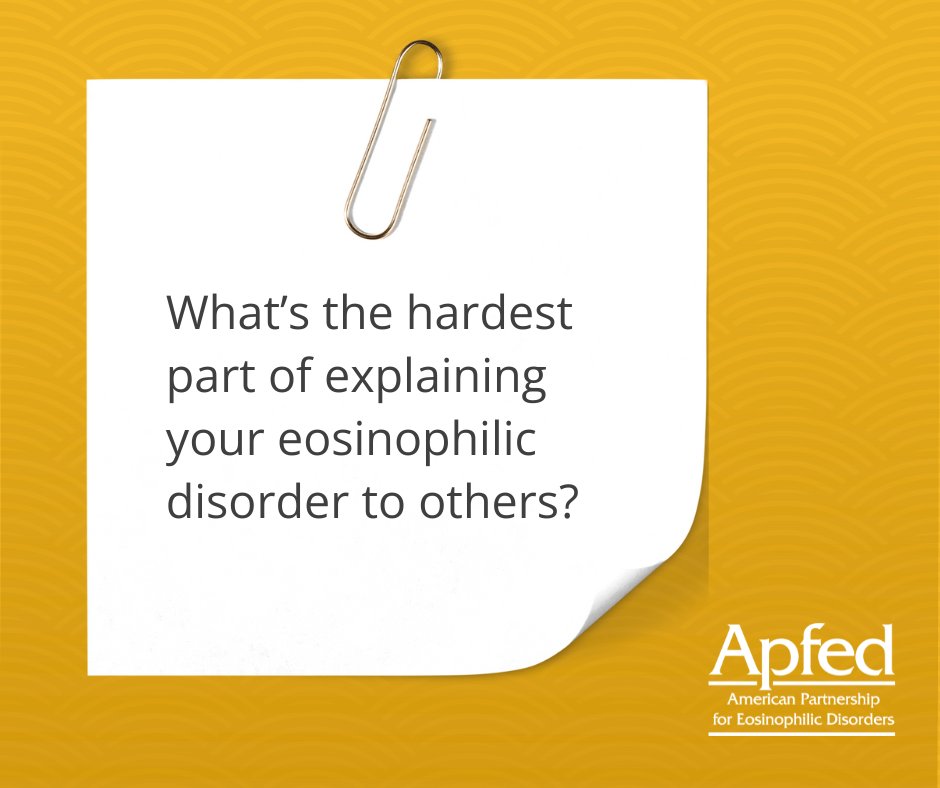 APFEDorg's tweet photo. ❓ Friday Check-In: What's the hardest part of explaining your eosinophilic disorder to others?
Comment below!

#FridayCheckIn #EosAware #LivingWithEos #APFED https://t.co/g8DTKE5axj