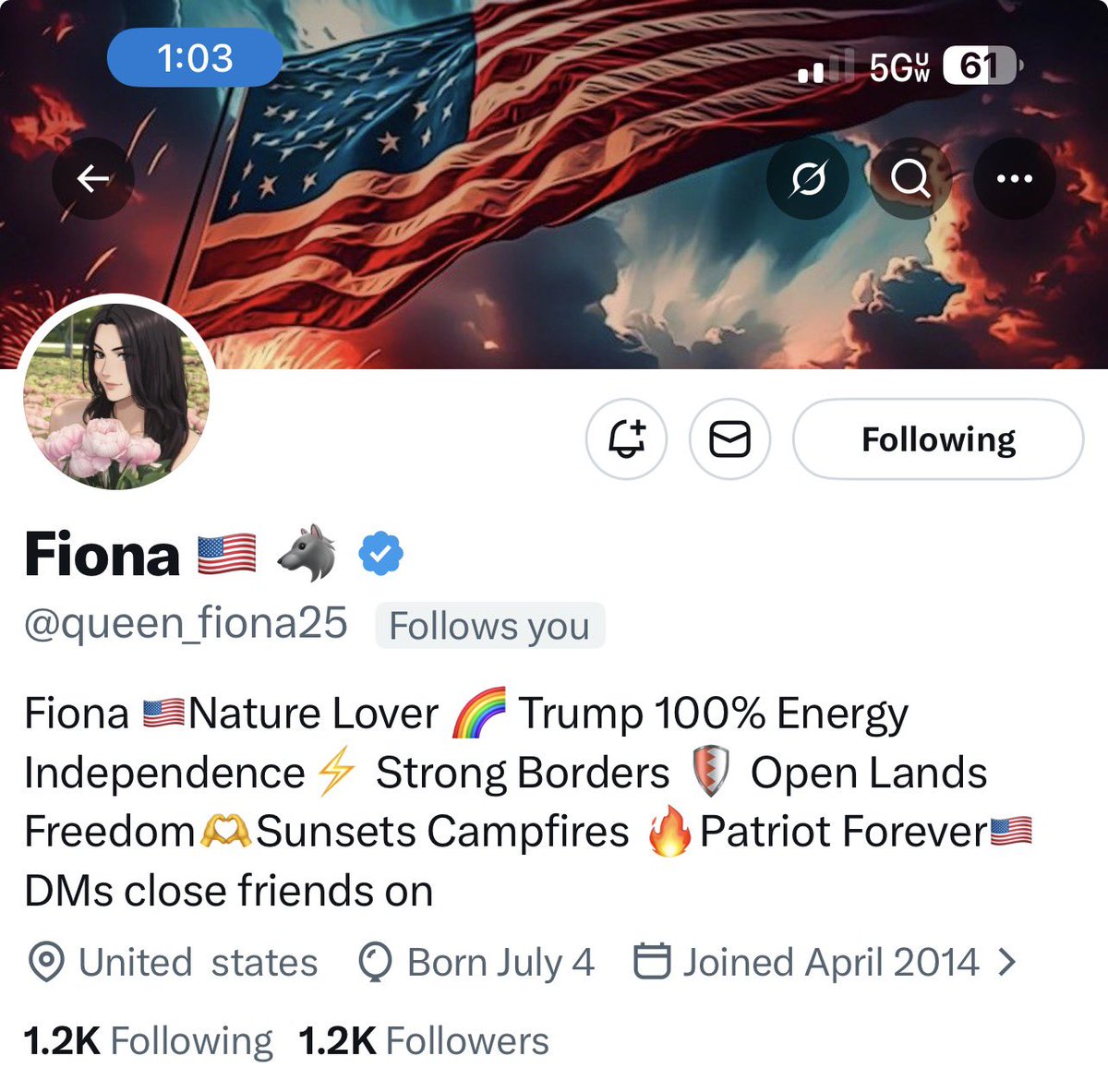 My friends on X, a friend of mine who is new on X is struggling to meet new followers.  She is honest and kind and really views the world through a unique lens.  I suggest you help her find some followers and follow her yourself.

Born on the 4th of July! 🇺🇸✝️

<a href="/queen_fiona25/">Fiona 🇺🇸 🐺</a>