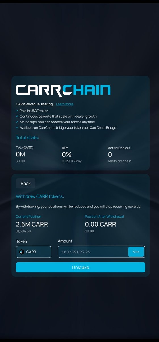 RoundaboutDex is excited to share a first look at staking previews for the Carnomaly revenue share program with the CarrChain community!  Big step forward and we are excited for this release!