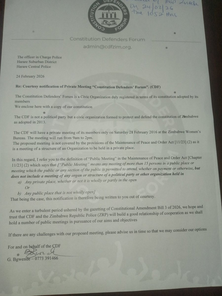 🚨 Urgent Release🚨

CONSTITUTION DEFENDERS FORUM (CDF) STATEMENT
27 February 2026:

SELECTIVE APPLICATION OF THE LAW WILL NOT STOP THE CDF LAUNCH.

The Constitution Defenders Forum (CDF) is deeply concerned and disappointed by the decision of the Zimbabwe Republic Police (ZRP)