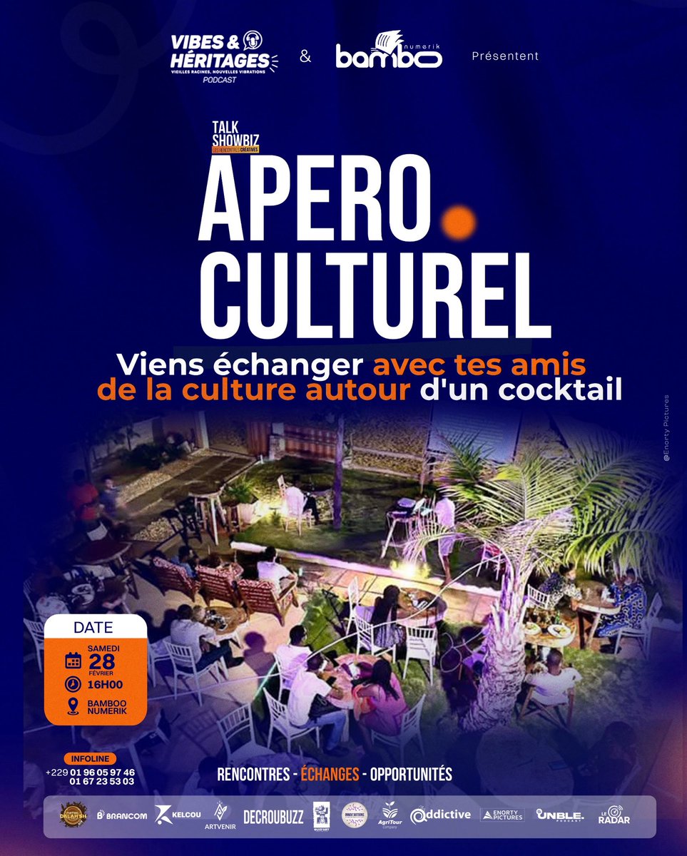 🍹TALK-SHOWBIZ – APÉRO CULTUREL

Rendez-vous ce samedi 28 février à partir de 16h au Bamboo Numerik pour un moment convivial, inspirant et 100% culture.

Viens connecter, partager et vibrer culture !

📌 Inscrivez-vous pour réservez votre place : bit.ly/40qwDeP