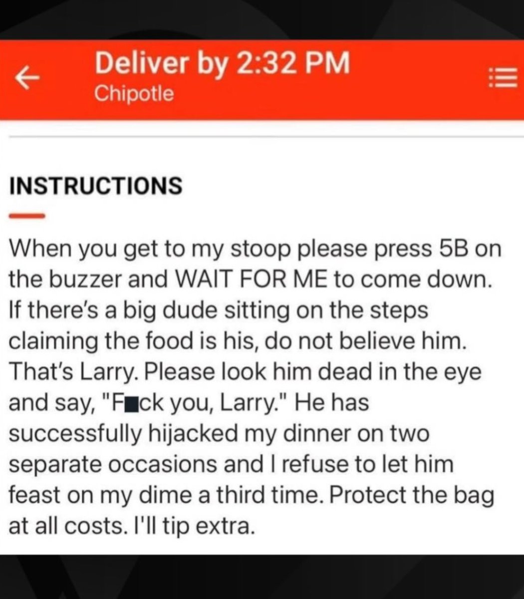 pubity's tweet photo. A food delivery driver has gone viral after a customer sent a detailed message warning them about Larry.

"Protect the bag at all costs." https://t.co/h9TzD1Uxpw