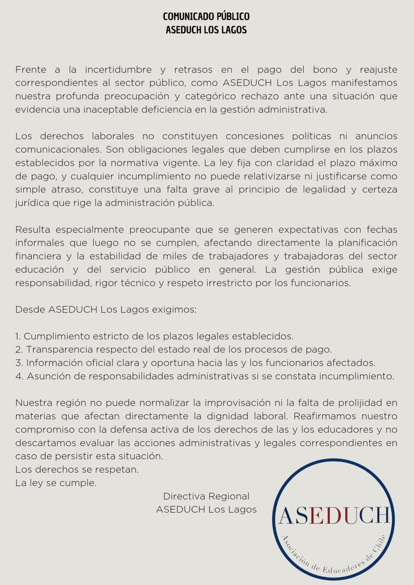 Declaración Pública ASEDUCH Los Lagos con respecto a la carencia de gestión de este gobierno en Educación con Profesores y Asistentes de la Educación <a href="/ASEDUCH1/">ASEDUCH</a>