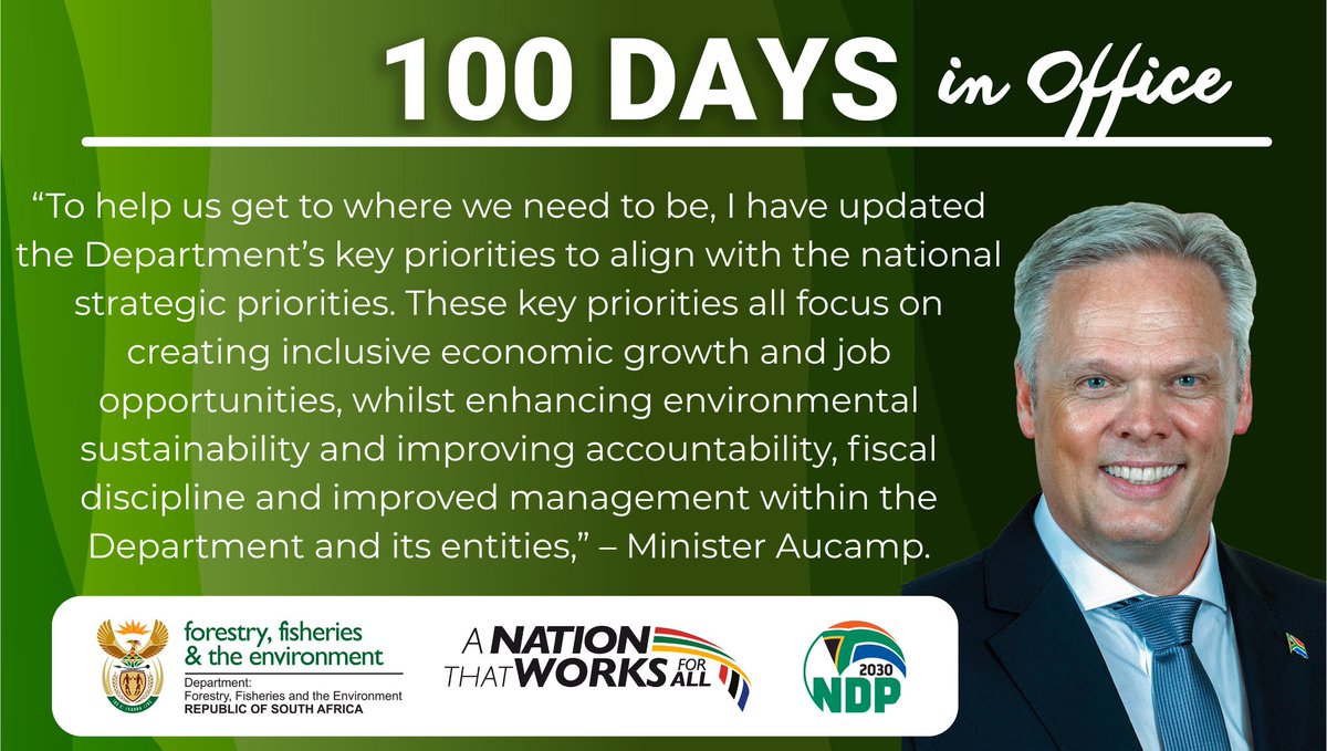 Minister Aucamp has refreshed DFFE’s key priorities to align with the national strategic agenda — ensuring the Department gets to where it needs to be: driving inclusive growth, strengthening environmental sustainability, and improving accountability.

The updated priorities