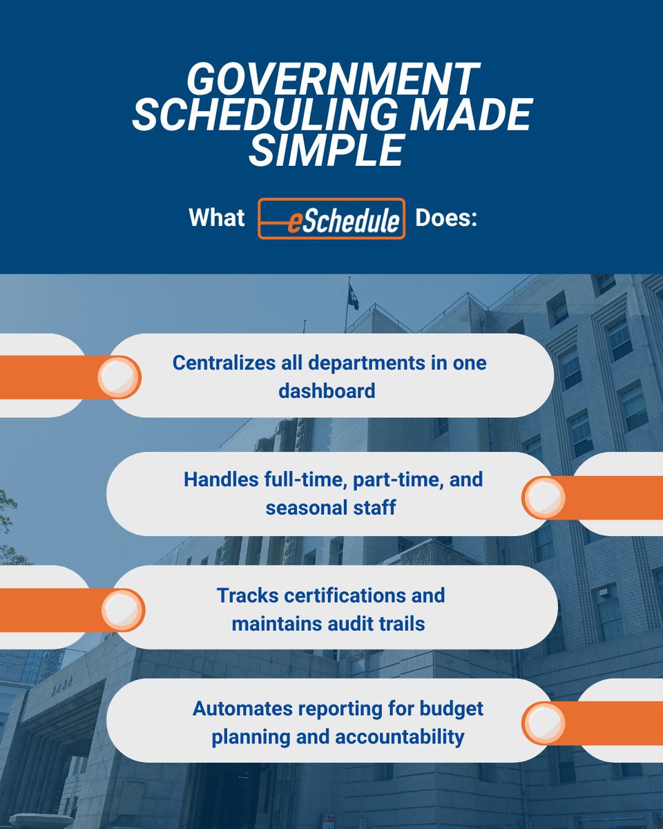 eSchedule centralizes staff and compliance in one platform—built for public sector operations.

Learn more at goeschedule.com.

#eSchedule #GovernmentOperations #GovTech #PublicSector #MunicipalGovernment #WorkforceManagement #OperationalEfficiency #StaffScheduling