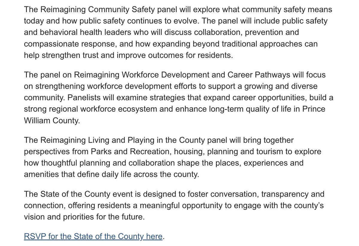 The State of the County event is occurring at the Hylton Performing Arts Center on Monday evening.

To RSVP: eventbrite.com/e/2026-prince-…