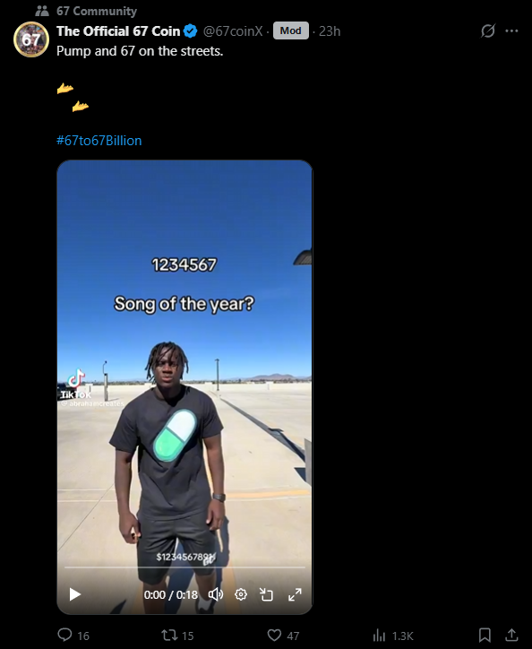 What do you think about $1234567891 after seeing this post from <a href="/67coinX/">The Official 67 Coin</a>?

- Join the community: x.com/i/communities/…

- CA: F9JkmcR9oXaV5kZJKbz75ZqiYRVnAwgcBJXj8JRzpump