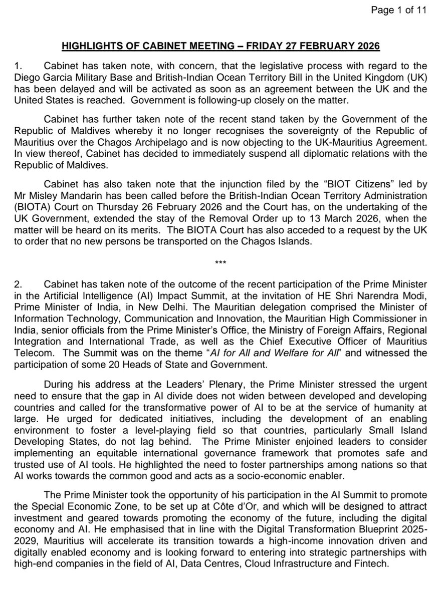 BREAKING: MAURITIUS CABINET TAKES DECISION TO SUSPEND TIES WITH MALDIVES OVER CHAGOS ISSUE