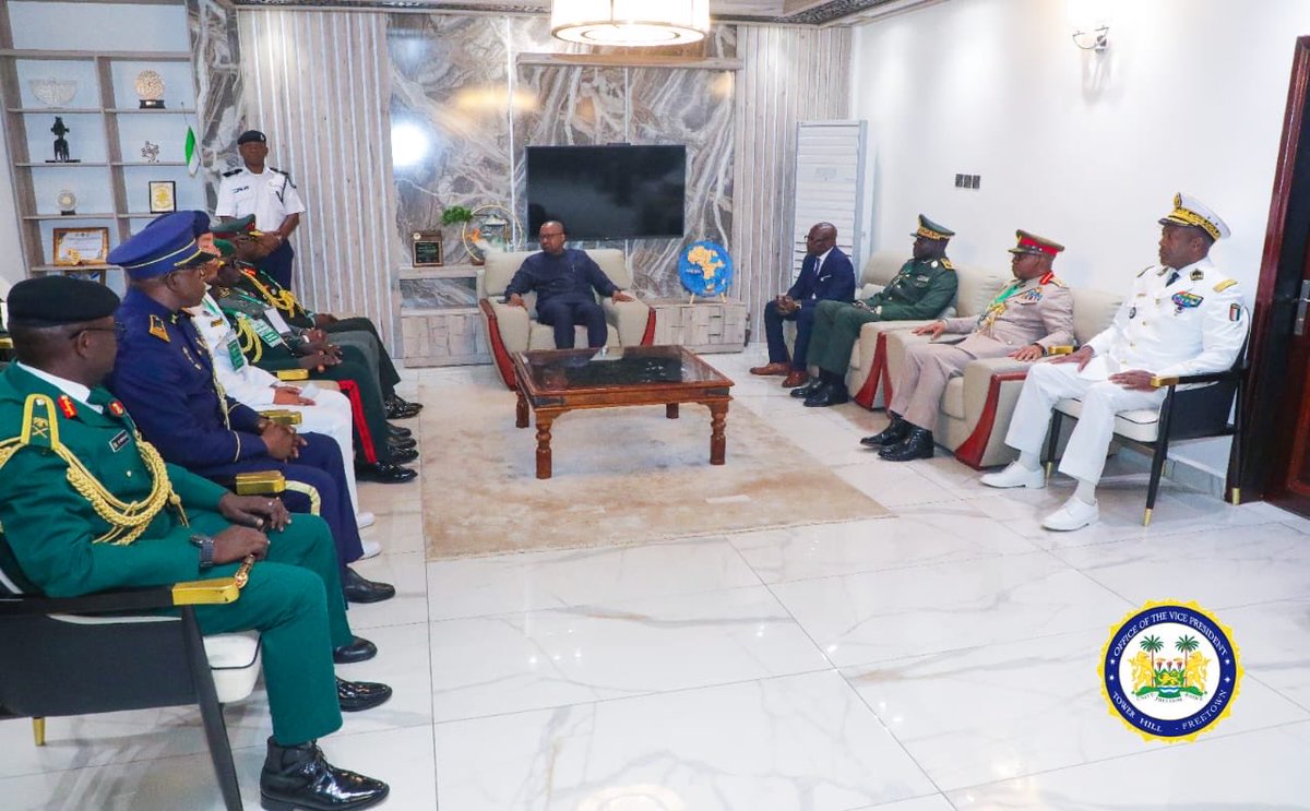 VP_Jalloh's tweet photo. Yesterday, I had the honour of receiving a courtesy call from the ECOWAS Committee of Chiefs of Defence Staff, who are in Freetown for their 44th Ordinary Meeting.

Our discussions focused on the evolving defence and security challenges confronting West Africa. I also used the opportunity to propose the establishment of a Regional Defence Academy - a centre of excellence that would bring together young officers from across ECOWAS to train, learn, and build bonds of trust. Such an institution would stand as a powerful symbol of regional integration and shared security responsibility.

On behalf of His Excellency President Julius Maada Bio, I extend our sincere gratitude to the Chiefs for their continued commitment to safeguarding democracy, peace and stability across our region.