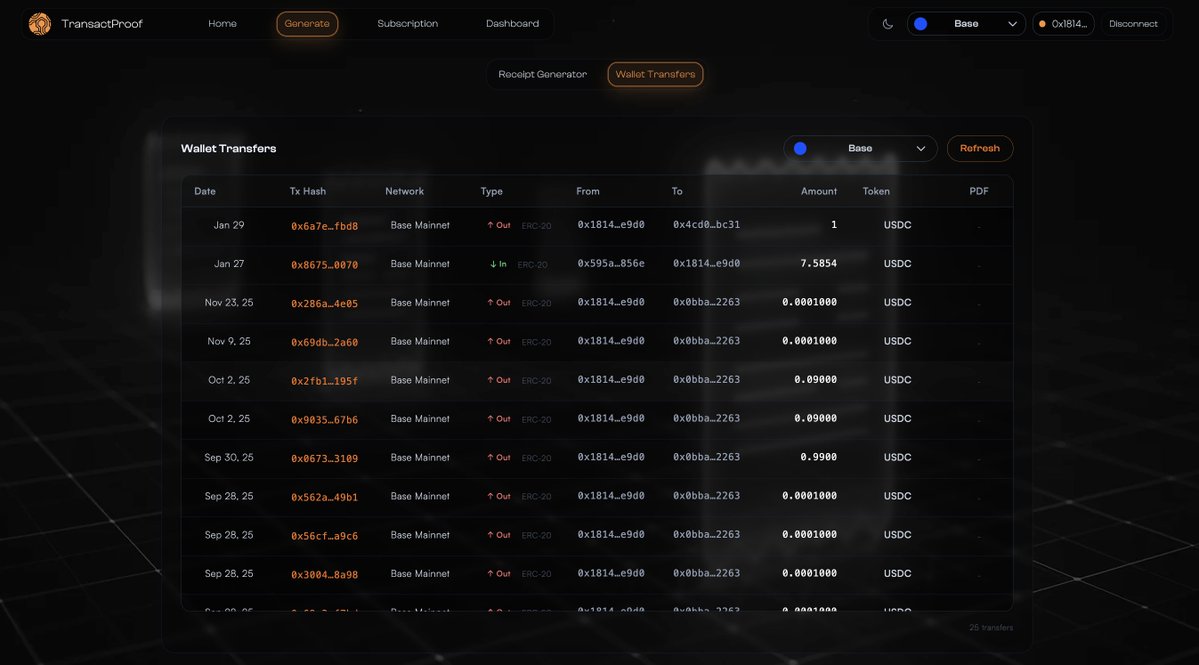 TransactProof's tweet photo. New feature live 🚀

You can now view your wallet transfers directly in TransactProof.

Select a network → view wallet txs → click any transaction → generate a verified PDF instantly.

No more copying tx hashes. Cleaner workflow. 

#Web3 #Crypto #FinTech #Blockchain  #OnChain https://t.co/b2ICD6VYuS