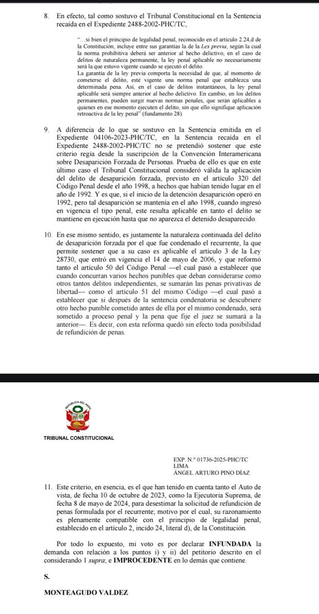 🚨TC favorece a otro militar violador de derechos humanos, miembro del Grupo Colina, vía habeas c. similar a Urresti. Pino fue condenado por casos Barrios Altos, La Cantuta, Pedro Yauri, y luego por caso Caraqueño y pide revisar cumplimiento de pena para excarcelar. Votos: 4 vs 3