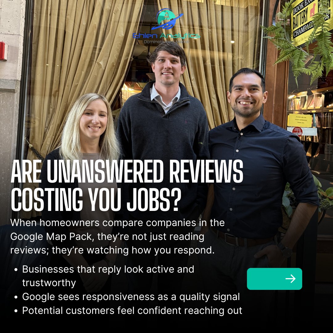 ehlen_analytics's tweet photo. Are unanswered reviews costing you jobs? 👀
Homeowners don’t just read reviews; they read your responses.
Replying builds trust ⭐ boosts visibility 📍 and helps you stay competitive 📈
Ignoring them can send the wrong signal.
#localseo #gbp #maprankings #contractormarketing https://t.co/eOszLUlfSp