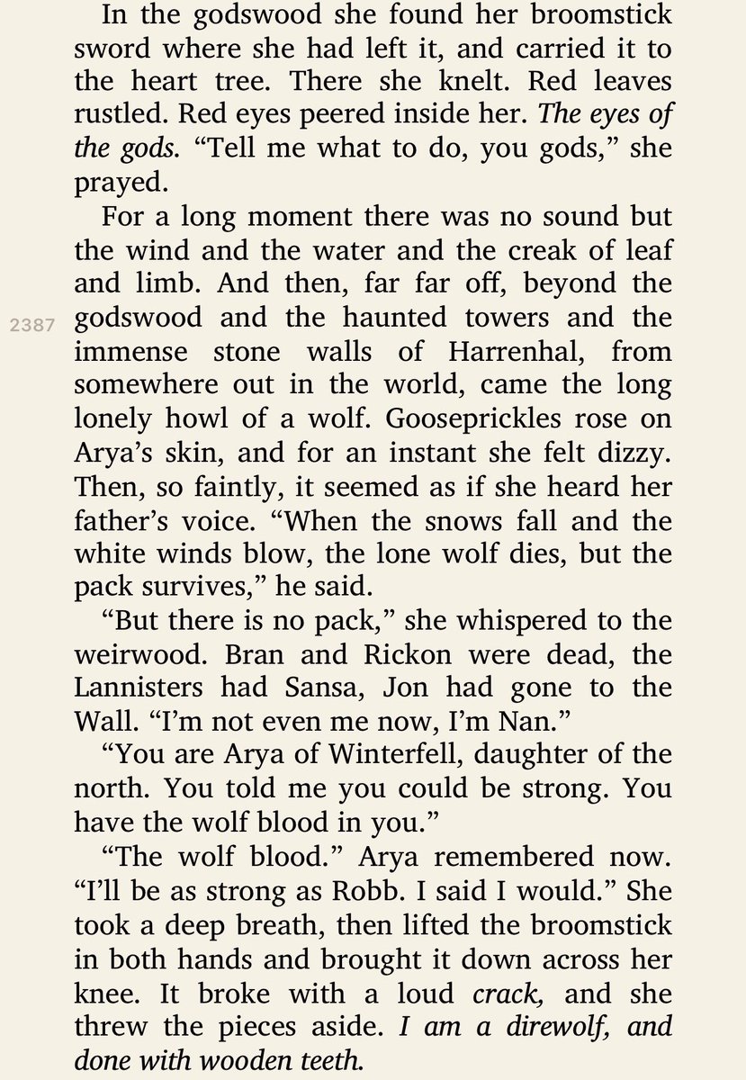 aryasmaisiew's tweet photo. “You are Arya of Winterfell, daughter of the north. You told me you could be strong. You have the wolf blood in you.”

“The wolf blood.” Arya remembered now. “I’ll be as strong as Robb. I said I would.” https://t.co/W0BrMz34H0