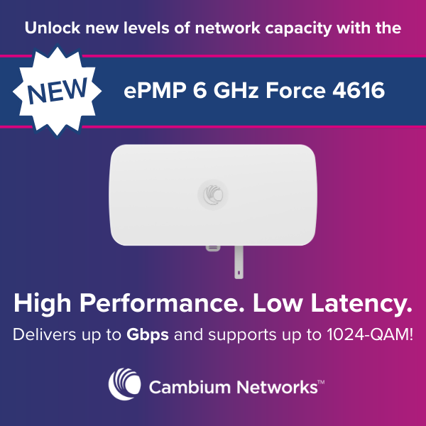 CambiumNetworks's tweet photo. 6 GHz spectrum. 16 dBi integrated antenna. The ePMP Force 4616 delivers reliable, high-capacity subscriber performance for growing fixed wireless networks.
Order now: https://t.co/gUKuoedw5j
#ePMP #Force4616 #6GHz #WISP #FixedWireless https://t.co/8ga3UbkfFh