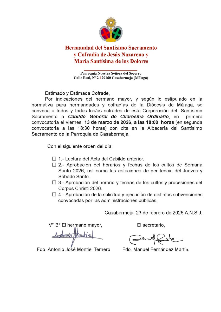 HdadSantisimo's tweet photo. CABILDO GENERAL DE CUARESMA ORDINARIO, 13 de marzo de 2026 ]
 
Se convoca a los/as cofrades de esta Corporación del Santísimo Sacramento a Cabildo General de Cuaresma Ordinario.

🗓️ el viernes, 13 de marzo de 2026, 

🕕 a las 18:00 horas.

#Casabermeja #ParroquiaCasabermeja https://t.co/z24S2FYqTa