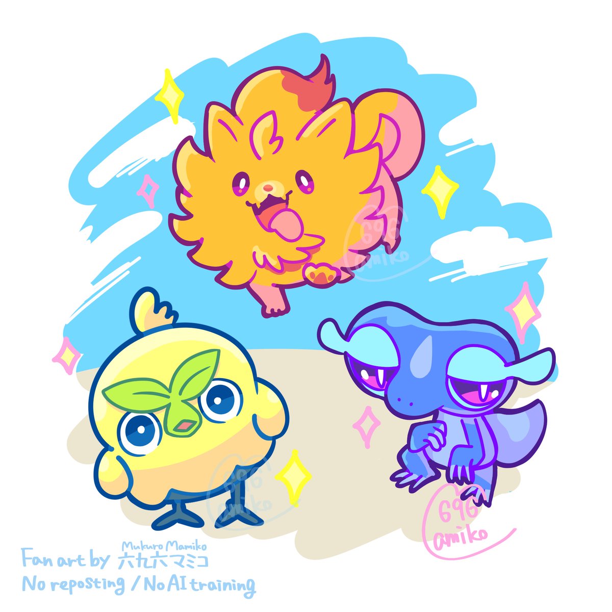 🌱ハブロウ
🔥ポムケン
💧ミオリー

すでに3匹とも好きだ🫶✨
#ポケモン風波 
 #PokemonWindsWaves