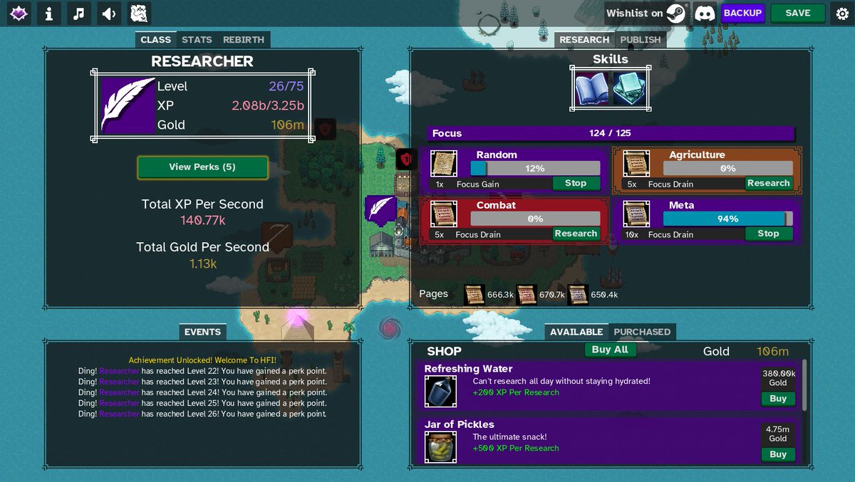 highfantasyidle's tweet photo. Day 3 of HFI's Class Showcase, the Researcher!  The researcher is a research (hah) style class that creates pages based on various subjects. The pages are used to publish books that are used by other classes for huge buffs! A secret research subject that unlocks new systems? Yep. https://t.co/yfbp73t6C2