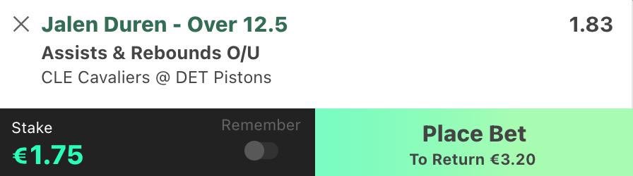 1.75u

Odd is actually 1.86 when placing :)

Min 1.72