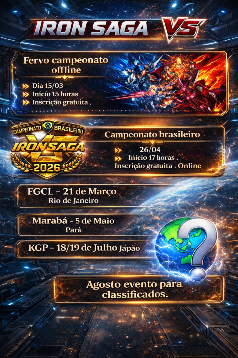 Calendário de Torneios do <a href="/IronSagaVS_EN/">Iron Saga VS Official - English</a> 

<a href="/Fervo_Oficial/">Fervo Tournament</a> - start.gg/tournament/sid…
<a href="/playfgcl/">FGCL | eSports</a> - start.gg/tournament/fgc…
Brasileirão - challonge.com/pt_BR/acc6n0t4
<a href="/MarabaCinecomic/">Marabá Cinecomic</a> - instagram.com/p/DUlW9SpDneD/…