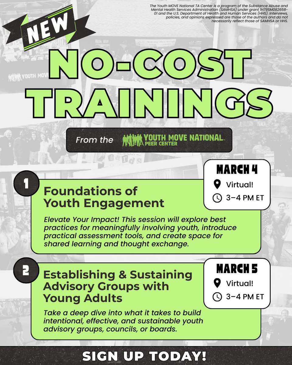 YMNPeerCenter's tweet photo. ⏰  This is our last call to join the Youth MOVE Peer Center next week for a series of virtual workshops! 

Foundations of Youth Engagement
Register Here: https://t.co/OIZ7CdEETI 

Establishing &amp; Sustaining Advisory Groups with Young Adults
Register Here: https://t.co/AhAyBwx1iT https://t.co/molAjM9n8t