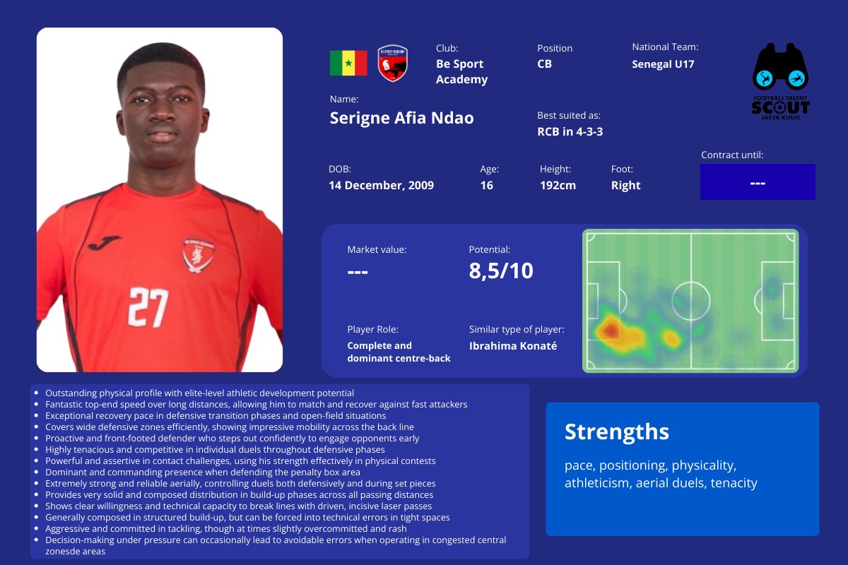 FTalentScout's tweet photo. Serigne Afia Ndao is one of the most exciting defenders in Africa.

Another superb prospect from the fantastic Be Sport Academy.

@SenegalComps 🇸🇳❤️ https://t.co/jnORGGbWhj