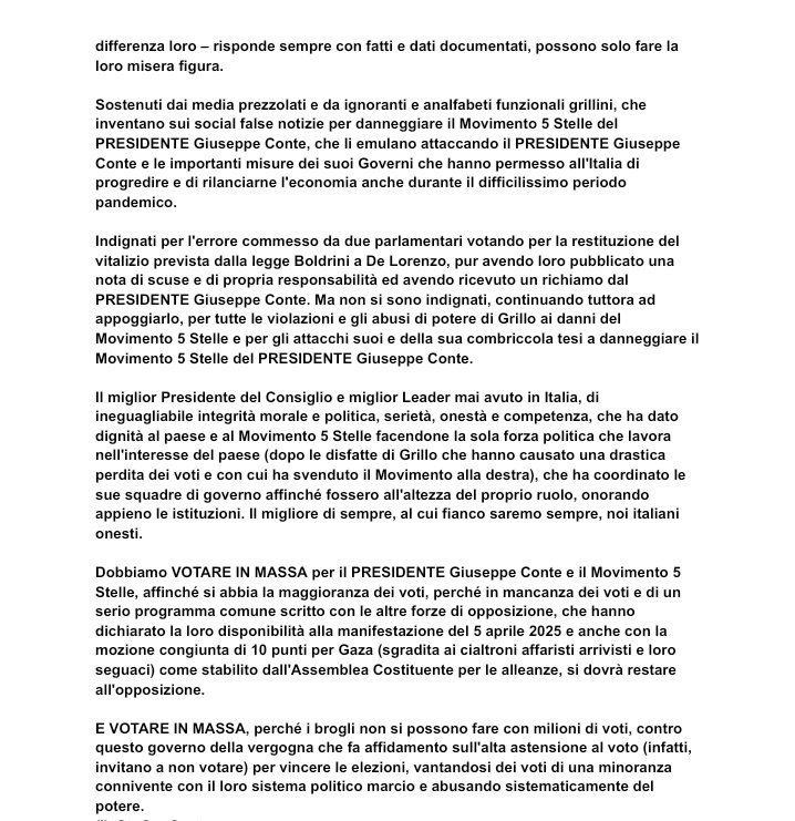 SoniaDePergola's tweet photo. GRAZIE al GRANDISSIMO PRESIDENTE Giuseppe Conte. UN GIGANTE. ECCELLENTE, STRAORDINARIO LEADER di INARRIVABILE spessore morale, culturale e politico. L'UNICO che con un'opposizione intransigente e costruttiva, denuncia le magagne di questo vergognoso governo di indagati, pluri-indagati e condannati che mira solo a garantirsi lo strapotere e l'impunità sottomettendo la magistratura al proprio controllo.
Dobbiamo votare NO al referendum salva-casta!

Noi italiani onesti rivogliamo il PRESIDENTE Giuseppe Conte come Presidente del Consiglio. L’UNICO che ci rappresenta e degno di essere chiamato PRESIDENTE. Il migliore di sempre!

Meloni, un’ignorante e un’incapace che non ha mai lavorato, in politica da quando aveva 15 anni, e che non sa usare neppure una calcolatrice, non all'altezza di governare, serva dei poteri forti e del potente americano di turno, bugiarda e menzognera che ottiene consensi attraverso propaganda e false promesse, ha il più completo menefreghismo per le vere urgenze di famiglie e imprese. Al quarto anno di governo, sta affossando il paese tra povertà record e calo costante della produzione industriale.
Dovrebbe dimettersi!
Peggio di lei, solo chi la vota. 
Sostenuta solo da un popolo bue che accetta tagli e tasse senza ribellarsi e ripete a pappagallo la sua propaganda di fuffa e menzogne.

Noi italiani onesti, parte della società civile, siamo al fianco del PRESIDENTE Giuseppe Conte. In assoluto, il migliore di sempre, che avrà sempre il nostro sostegno incondizionato e il nostro voto, sempre più orgogliosissimi e fierissimi di averlo come LEADER e PRESIDENTE del MoVimento 5 Stelle e di appartenere a questa comunità, GRAZIE a lui. Abbiamo piena fiducia nelle sue decisioni, sempre ponderate e lungimiranti, che hanno portato il Movimento 5 Stelle a essere una grande forza politica, che lavora con serietà, onestà, impegno e dedizione per il bene dei cittadini, senza mai rinunciare a un confronto serio e costruttivo. E GRAZIE al Nuovo Corso Progressista Indipendente, il Movimento 5 Stelle ha eletto due consiglieri regionali in Toscana, perché parte della maggioranza Giani, previo programma scritto e condiviso, come previsto dal Nuovo Corso. Senza rinnegare quindi i propri valori ma affermandoli con più forza. GRAZIE alla gestione del PRESIDENTE Giuseppe Conte, che ha dovuto e deve fare i conti con i danni causati al Movimento da Grillo e dai suoi seguaci, che hanno provocato la sfiducia degli elettori instillando la falsissima convinzione che i politici sono tutti uguali.

Da VOTARE IN MASSA – l'unico strumento, il voto di massa, che non possono contrastare – invece di astenersi pensando erroneamente di fare un dispetto ai politici, o vendere il voto per pochi spiccioli e favori come lavori precari e sottopagati, alimentando la strategia dei voti preconfezionati a danno dei cittadini, perché questo gli permette di andare al governo a fare disastri e ad aumentarsi gli stipendi con i soldi pubblici, mentre il paese subisce povertà a livelli record, tagli, tasse e criminalità fuori controllo, a causa delle loro leggi che favoriscono il malaffare, come l'avviso prima dell'arresto, che comporta anche il verificarsi di minacce indirizzate verso chi denuncia.

E tutti quelli contrari al modo serio, onesto, competente e trasparente di gestire il Movimento 5 Stelle del Presidente Giuseppe Conte perché avvezzi agli affarismi e amichettismi di Grillo alla maniera di Meloni e soci, che si “buttano nella mischia’ come tanti per arrivare ad avere in seguito uno stipendio dorato, possono allontanarsi dal Movimento, dove non ci saranno mai affarismi, amichettismi e accordi sottobanco come quelli con cui Grillo ha svenduto il Movimento alla destra senza esitazione. ⤵️
#IoStoConConte
#ConteilmioPresidente
#ConteilnostroPresidente
#ContePresidente
#GiuseppeConte
#PresidentedelConsiglio
#AndateAVotare
#Movimento5Stelle ⤵️