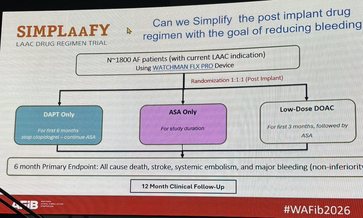 netta_doc's tweet photo. Where are we with post #LAAO antithrombotic regimens?
Still not standardized, but hopefully we are getting closer
Looking forward to results of SIMPaaFY trial #DAPT vs ASA vs low dose #DOAC
#WAFib2026 #EPeeps https://t.co/3pKCXdu0X1