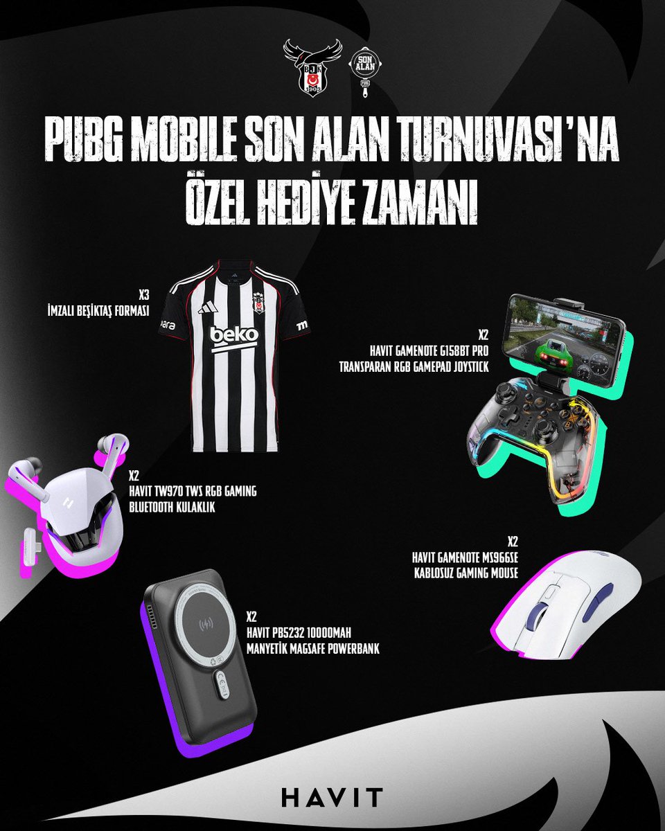 PUBG Mobile Son Alan Turnuvası'na özel siz takipçilerimize birbirinden değerli <a href="/HavitTurkiye/">Havit Türkiye</a> ürünleri hediye etmek istedik. 🤩

Katılım için yapmanız gerekenler;

▪️<a href="/bjkesports/">Beşiktaş Esports</a> ve <a href="/HavitTurkiye/">Havit Türkiye</a> hesaplarını takip et
▪️Bu gönderiyi beğen ve RT at
▪️Bu gönderiye o duo'nu etiketle

4