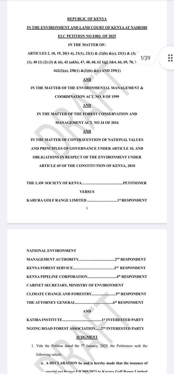 joshuamalidzo's tweet photo. #hotoffthebench
The ELC Milimani has quashed the unlawful Special Use &amp; Environment Impact licenses issued to Karura Golf Range Ltd for developments of a Golf course and Restaurant inside the protected Ngong Road Forest.
A win for environmental constitutionalism.
@LawSocietyofKe https://t.co/WPQMVZq6Rq