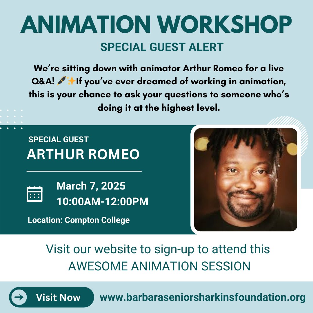 Animation workshop: 🚨 SPECIAL GUEST ALERT 🚨
We’re sitting down with animator Arthur Romeo for a live Q&amp;A!  If you’ve ever dreamed of working in animation, this is your chance to ask your questions to someone who’s doing it at the highest level.
Visit our website to sign-up