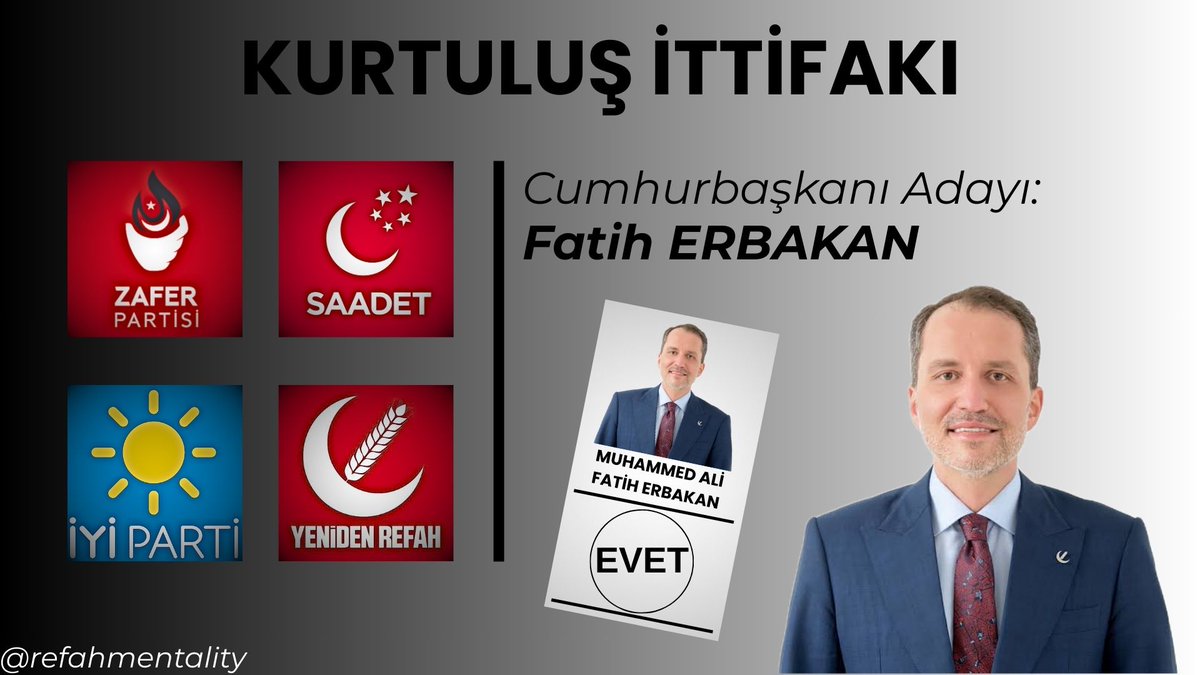 Son zamanlarda İyi Parti-Yeniden Refah ittifakı fazlaca konuşuluyor.

Ben o ihtimalleri zamanında söylemiştim ve nihayet bugün çıktı.

Bırakın da derin devlet işini yapsın :)

Şimdi tekrar söylüyorum. Aşağı yukarı görseldeki gibi bir ittifak kurulacak ve aday da Erbakan olacak.