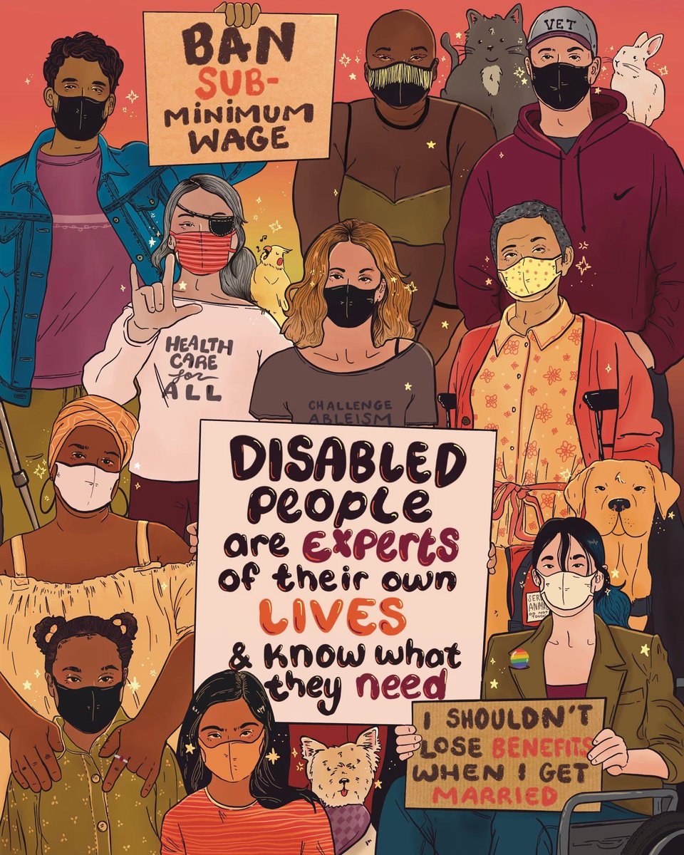 Disabled people are the experts of our own lives. We know what we need.  

♿️ End the subminimum wage.  

♿️ Stop the marriage penalty.  

♿️ Healthcare for all. 

♿️ Challenge ableism.  
 
Solidarity forever. ✊#DisabilityJustice

Art: <a href="/liberaljanee/">Liberal Jane</a>