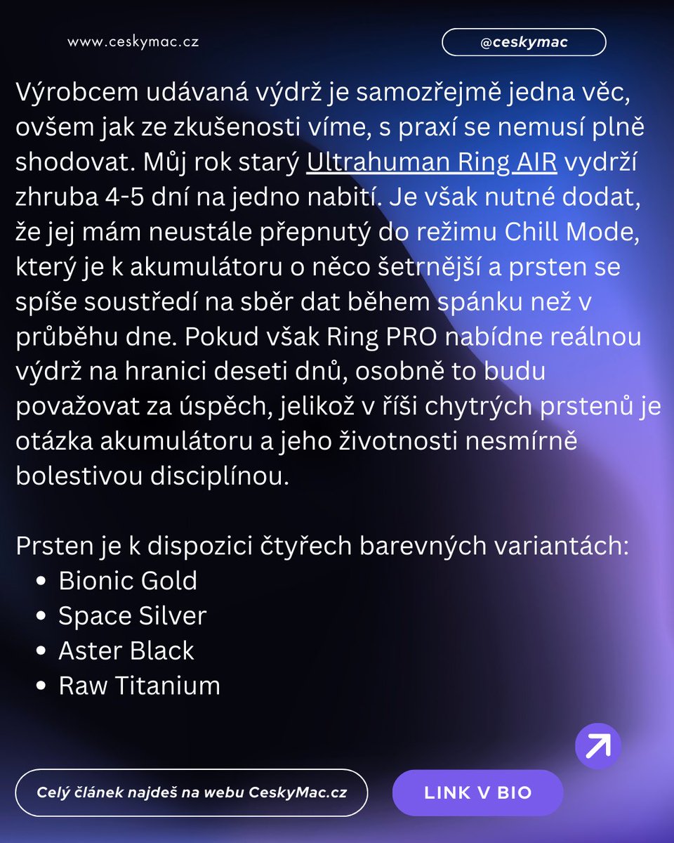 15 dní výdrže. Rok dat. Nulové vyrušování. 💍 Ultrahuman Ring PRO je nová definice biohackingu. Konec éry přerostlých hodinek? 🤔
Detaily v článku: ceskymac.cz/ultrahuman-rin…
#Ultrahuman