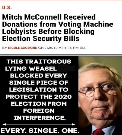 Mitch McConnell received thousands in donations from voting machine lobbyists 

In (2019) he wouldn't allow a vote to be taken on the use of paper ballots for the (×020) election 

Now, this P.O.S is blocking the Save America Act, as Chairman of the Rules Committee

Remove him