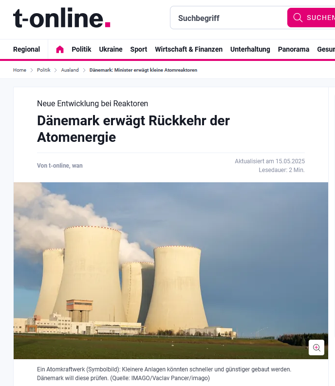CDU und CSU schlagen für Deutschland kleine modulare Kernreaktoren, sogenannte SMR, vor. Damit befinden sie sich in guter Gesellschaft, denn selbst Dänemark mit seinem hohen Anteil an Windkraft hat erkannt, dass es saubere, grundlastfähige Kernkraftwerke als Basis braucht. Laut