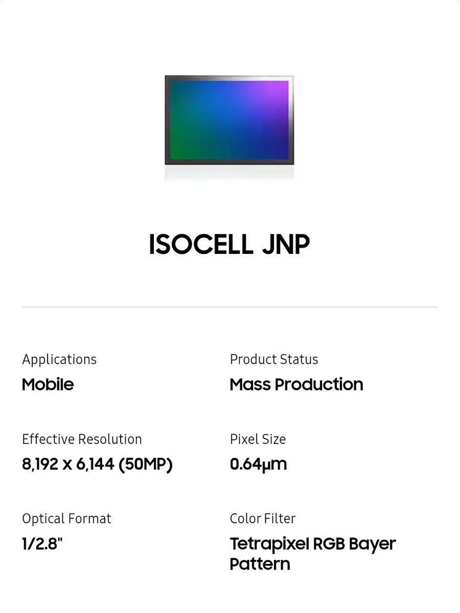 ayansonunigam's tweet photo. After JN1 - JN5 ... Now JNP is going to rule the market ....🚨
Specs :-
✅ Samsung ISOCELL JNP
✅ 50MP (1/2.8") 0.64µm
✅ Super QPD
✅ Nano prism structure
Will be used as Ultra Wide & Selfie 🤳 sensor ❗
#Samsung #ISOCELL #JNP https://t.co/b076wpDFEk
