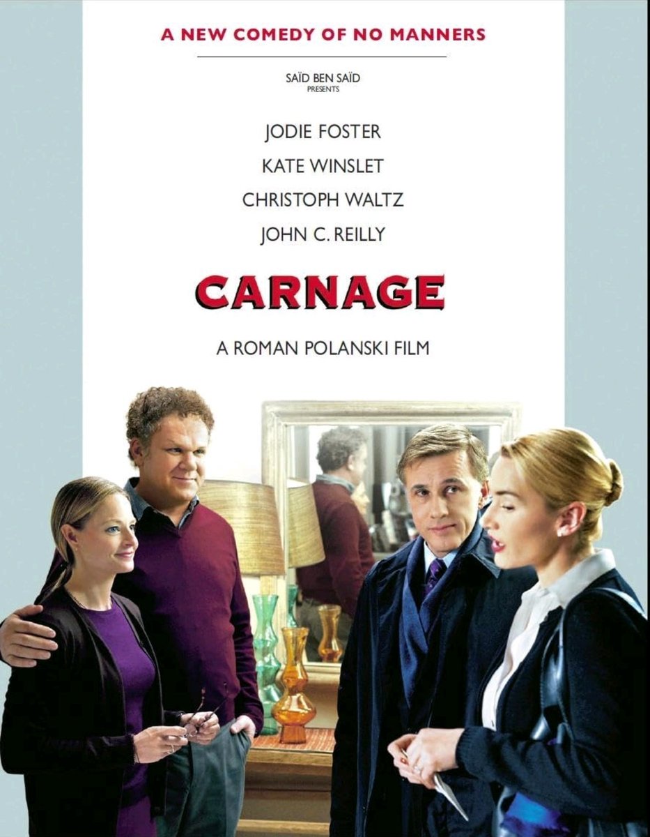 CARNAGE [2011]
Directed by Roman Polanski
⭐⭐⭐⭐⭐

This movie is absolutely hilarious. 95% of the movie takes place in a living room, in real time. Two married couples meet to sit and chat because their eleven year old children were in a physical alteration at school.

The
