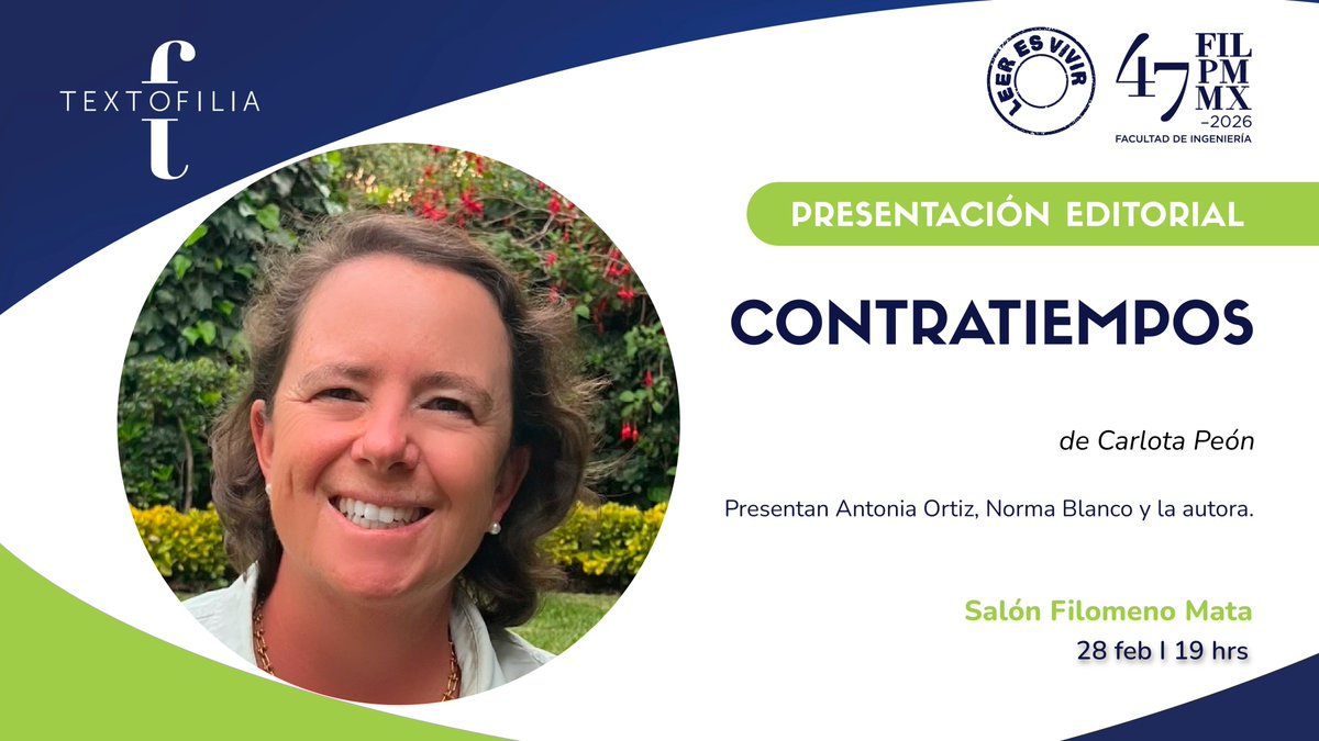 Este sábado en la <a href="/FILMineria/">FIL Minería</a>, Carlota Peón presentará su nueva novela, "Contratiempos", junto con Antonia Ortiz y Norma Blanco.

¡Los esperamos! 

#Textofilia #FILPM #FILPM47 #CarlotaPeon