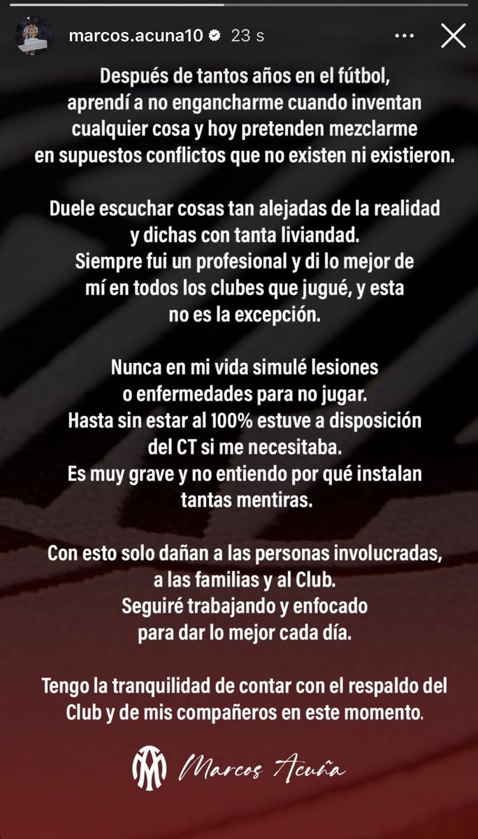 🚨 #River | El comunicado de Marcos Acuña en su cuenta de Instagram, tras los rumores de su pelea con Marcelo Gallardo.