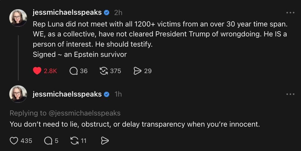 MeidasTouch's tweet photo. @Acyn Epstein survivor Jess Michaels with a fact check: https://t.co/TtgYJESNHv