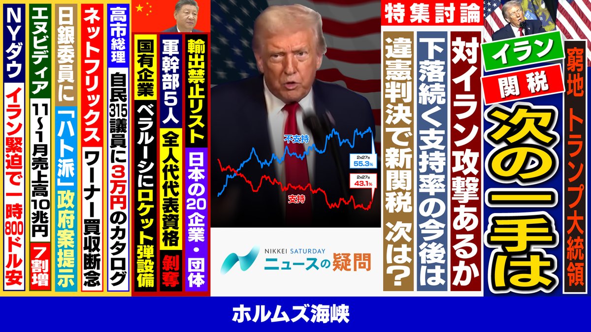 bsnikkeisat's tweet photo. #BSテレ東 2/28(土)朝9:30～ 
#日経サタデー ニュースの疑問
放送開始まであと1時間！
支持率低下のトランプ大統領。窮地に立たされ、イラン情勢や関税で、どう打って出るのか？
【ゲスト※50音順】敬称略
#小谷哲男(#明海大学)
#ジョセフ・クラフト(政策経済アナリスト)
#渡部恒雄(#笹川平和財団) https://t.co/UwddwSZ9aU