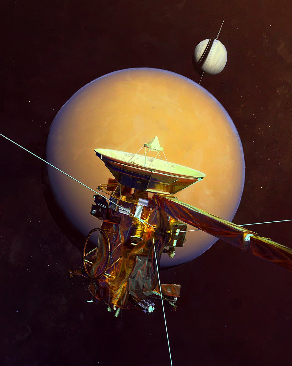 Here's something new in my Cassini series - Cassini spacecraft flying by Titan.

Digital painting, Photoshop, 2026.