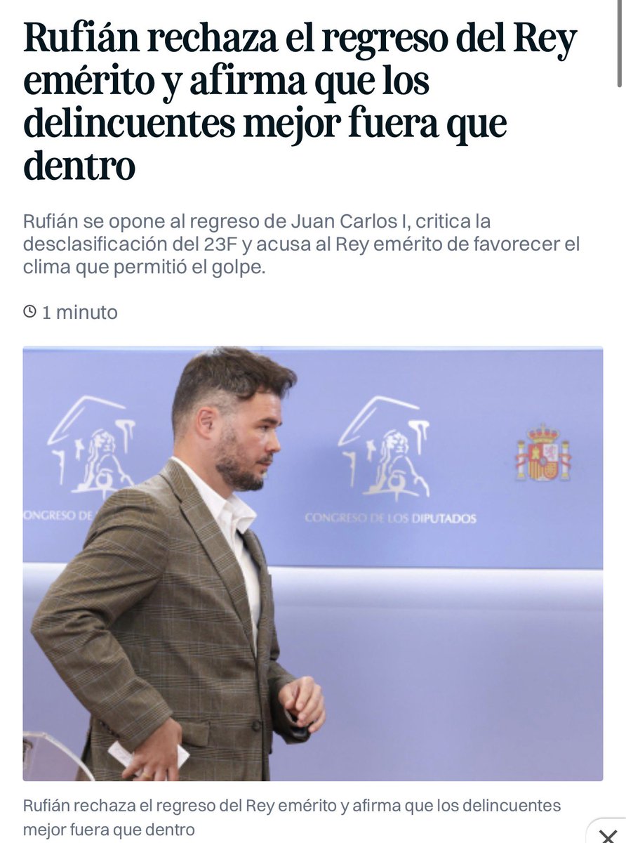 Es gracioso que Rufián afirme eso de que los delincuentes mejor fuera, porque, que sepamos, Juan Carlos I evitó un Golpe de Estado y el propio Rufián se puso a favor de otro.

Así que, seguramente el que estaría mejor fuera es él mismo.